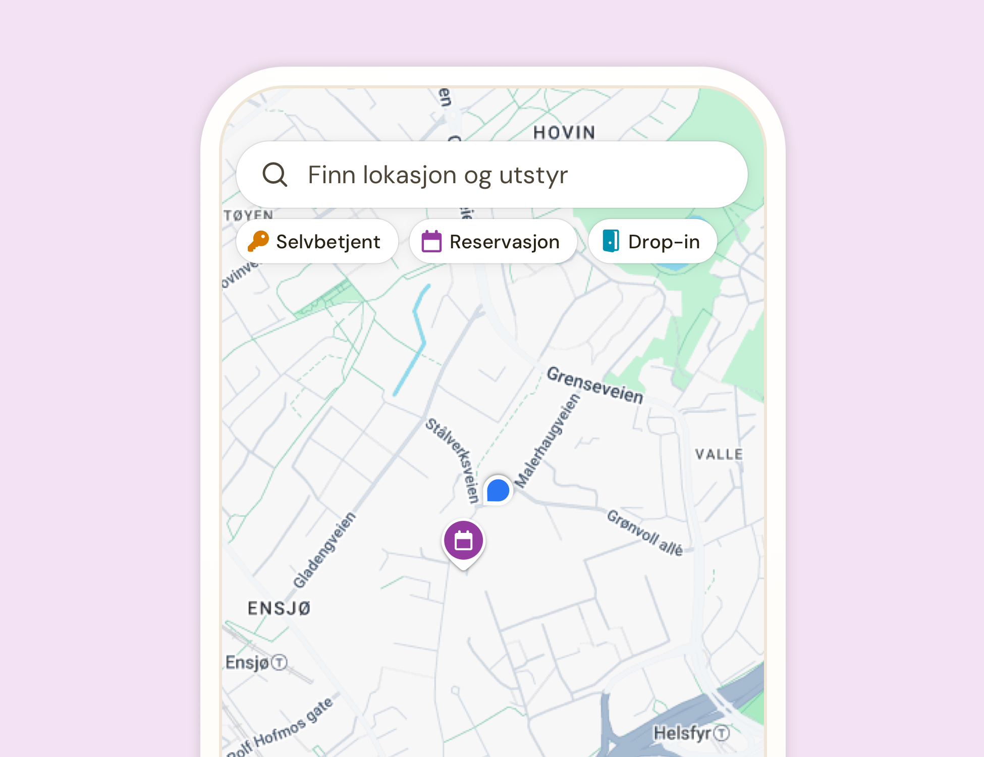 Bildet viser kartet i BUA-appen